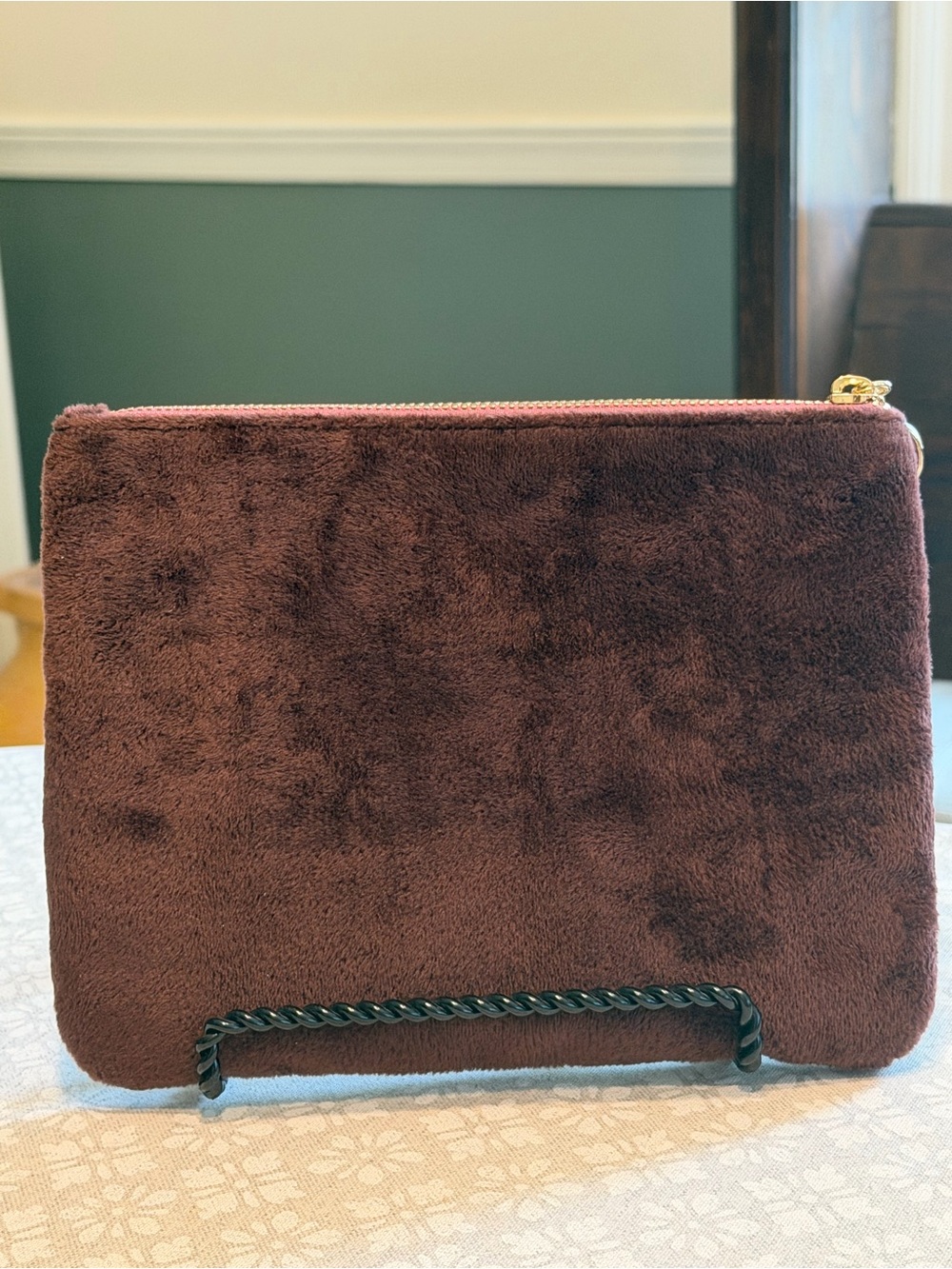 Spartina 449 Brown Velvet Embroidered Floral Zip Clutch Pouch Evening Bag - Picture 2 of 5